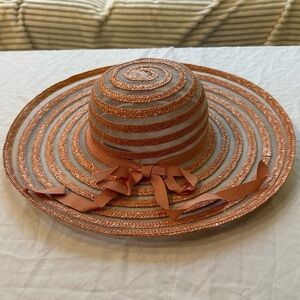Bamberger’s Vintage Italy Hat w Bow Ribbon Striped Peach Wide Brim Womens